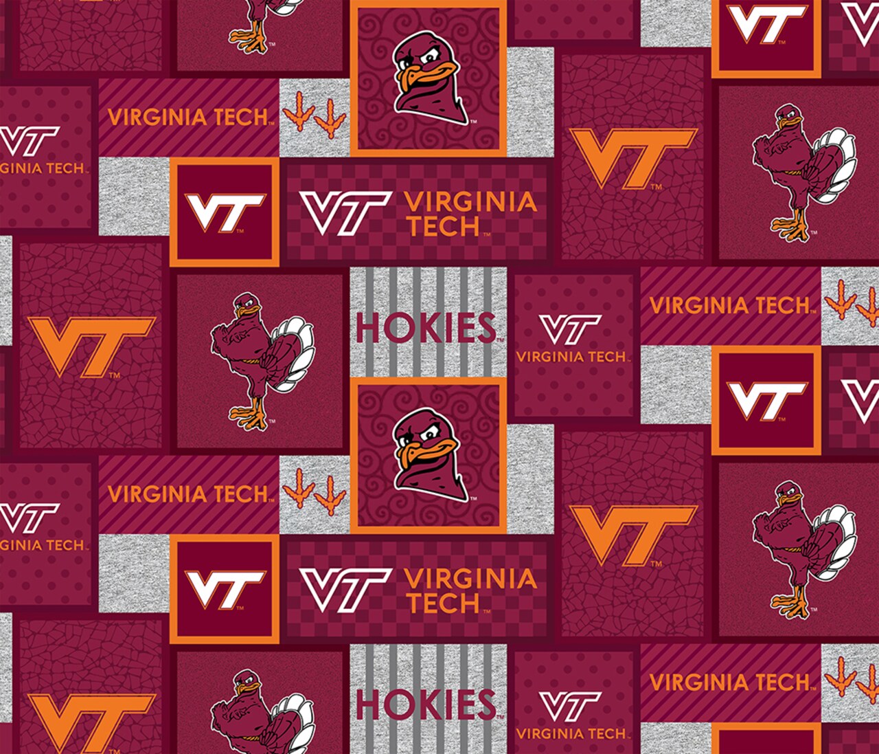 Sykel Enterprises-Virginia Tech Fleece Fabric-Virginia Tech Hokies College Patch Fleece Blanket Fabric-Sold by the yard